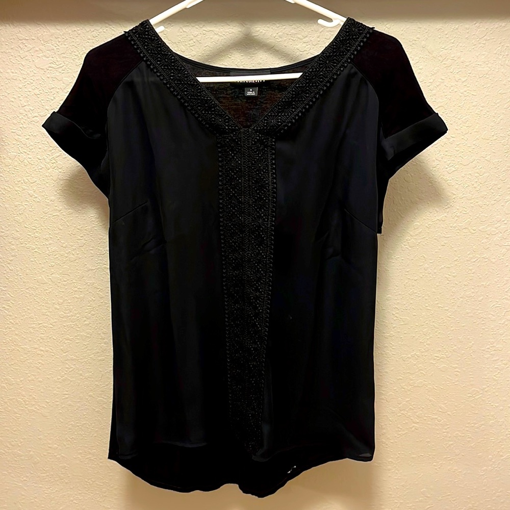 Zora Crochet Trim Mixed Material Blouse - Size Small - Fortune and Ivy brand.